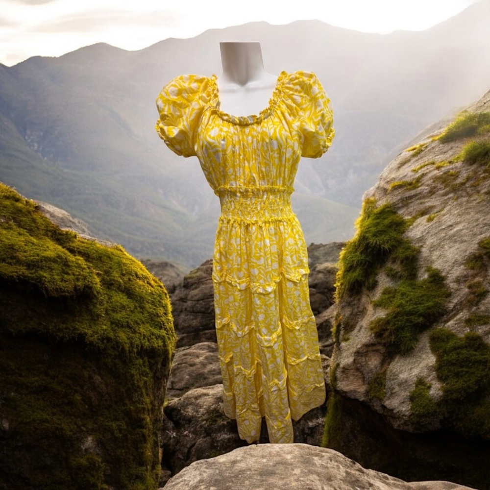 Pink city prints Elegant Yellow Floral Midi Dress size small NWOT